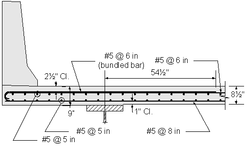 Figure 2-118 Superstructure Negative Moment Deck Reinforcement: This is a deck overhang with parapet cross section showing and designating transverse and longitudinal bars. Overhang deck thicknes is 9 inches. Interior bay deck thickness is 8 and one half inches. Top transverse overhang bars are Number 5 at 6 inches parenthesis bundled bars parenthesis with Number 5 at 6 inch top transverse negative flexure bars. Clearance for all transverse bars is 2 and one half inches. Bottom transverse bars are number 5 at 8 inches. Clearance for bottom transverse bars is one inch in interior bays. Top longitudinsal bars are Number 5 at 5 inches. Bottom longitudinal bars are Number 5 at 5 inches. Number 5 at 6 inch top overhang transverse bars extend 54 and one half inches into bay one.