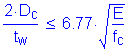 Formula: numerator (2 times D subscript c) divided by denominator (t subscript w) less than or equal to 6 point 77 times square root of ( numerator (E) divided by denominator (f subscript c))