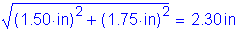 Formula: square root of (( 1 point 50 inches ) squared + ( 1 point 75 inches ) squared ) = 2 point 30 inches