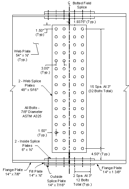 This figure shows an elevation view of the final field splice. The distance from the centerline of the splice to the centerline of the first row of vertical bolts is one point 9375 inches. The web is 54 inches deep by one half inch thick. The web splice plate is 48 inches by five sixteenths of an inch thick. The vertical and horizontal edge distances for the web splice plate are both 1 point 50 inches. The horizontal row spacing and the vertical row spacing for the web splice plate are both 3 inches. There are a total of 4 vertical rows and 16 horizontal rows in the web splice plate.The bottom flange on the left side is 14 inches wide by seven eights of an inch thick and the bottom flange on the right is 14 inches wide by one and three eights of an inch thick. The outside splice plate is 14 inches wide by seven sixteenths of an inch thick. The fill plate is 14 inches wide by one half of an inch thick. There are two inside splice plates that measure 6 inches by one half of an inch thick. There are two horizontal spaces at 3 inches in the bottom flange, for a total of 12 bolts, on each side of the centerline of splice. The distance from the top of the bottom flange to the bottom row of bolts in the web splice plate is 4 point 5 inches.All the bolts are seven eights inch in diameter ASTM A325.