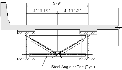 Partial cross section through the superstructure showing the deck with a barrier on two girders with a cross-frame between the girders. The spacing of the girders is 9 feet 9 inches center to center. Also, the center of the cross frame is dimensioned at 4 feet 10 and one half inches. The cross frame is identified as either steel angle or tee, typical. 