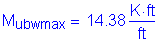 Formula: M subscript ubwmax = 14 point 38 Kips foot per foot