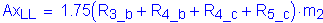 Formula: Ax subscript LL = 1 point 75 ( R subscript 3_b + R subscript 4_b + R subscript 4_c + R subscript 5_c ) times m subscript 2