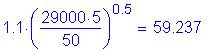 Formula: 1 point 1 times ( numerator (29000 times 5) divided by denominator (50) ) superscript 0 point 5 = 59 point 237