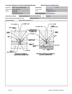 This data sheet shows the connection between a Precast Concrete Footing and Subgrade. The detail was submitted by New Hampshire Department of Transportation, Bureau of Bridge Design. The connection is made by placing the footing on temporary leveling bolts. Grout is pumped through ports in the footing to make the connection to the underlying soil or rock.