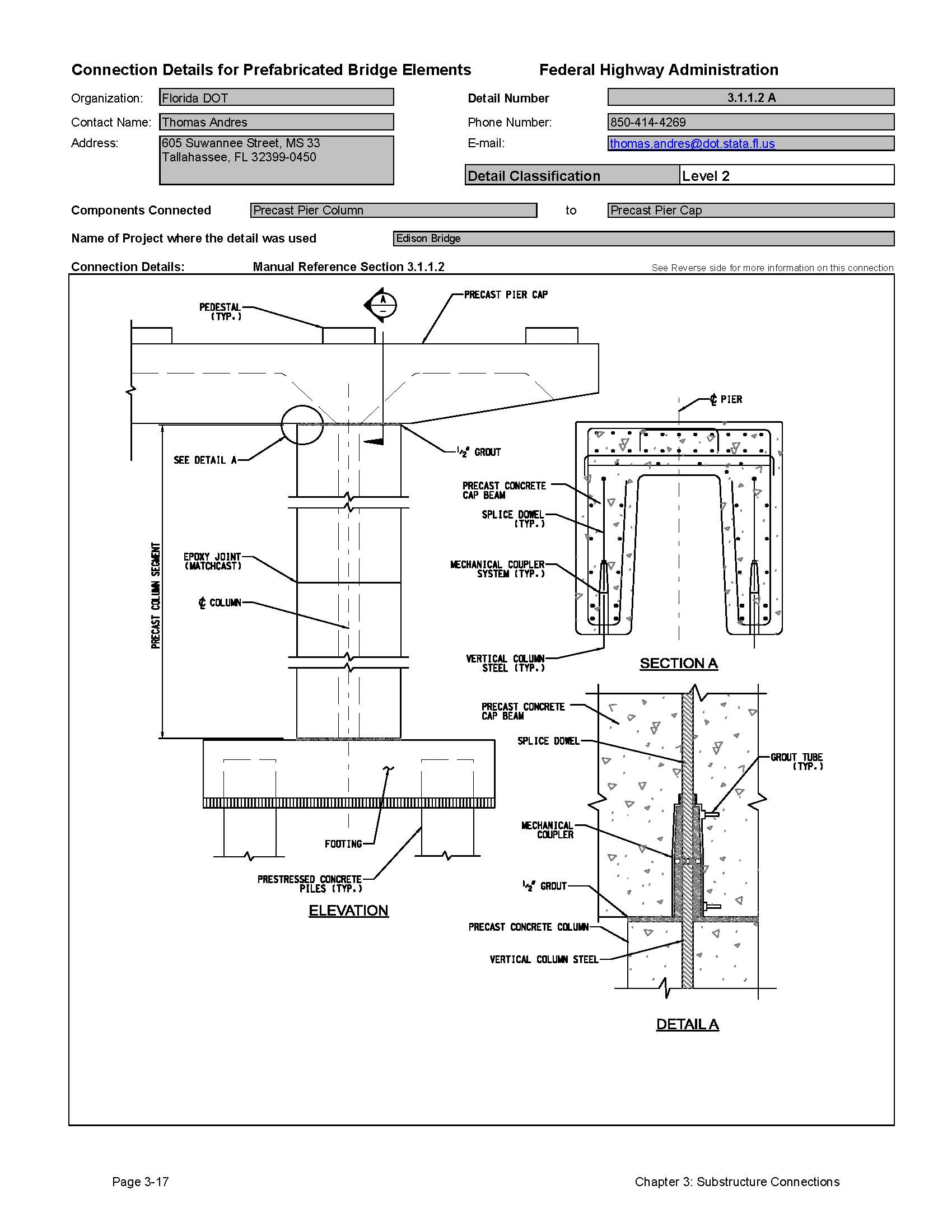 Connection details. Precast column connect. Capping Beam. Four Vertical Prestressed Concrete columns are attached to the.