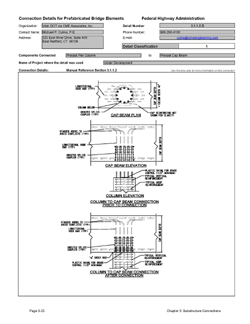 This data sheet shows the connection between a Precast Pier Column and Precast Cap Beam. The detail was submitted by Utah Department of Transportation via CME Associates, Inc. The connection is made using a proprietary grouted splice coupler. The coupler is a steel casting that filled with grout after insertion of the reinforcing bars from each end. The coupler is cast into the pier cap. Reinforcing bars project from the pier column into the cap couplers. The connection is made by pumping grout into the coupler through ports.