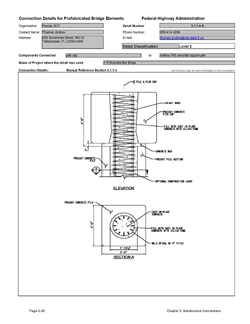 This data sheet shows the connection between a Pile Cap and Hollow Prestressed Concrete Square Pile. The detail was submitted by Florida Department of Transportation. The connection is made by extending pile reinforcing into a blockout in the pier cap. The blockout is tapered to transfer vertical loads into the cap. The connection is made by placing concrete in the cap blockout.