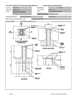 This data sheet shows the connection between a Prestressed Concrete Cylinder Pile and Precast Pile Cap. The detail was submitted by Florida Department of Transportation. The connection is made by extending a steel pipe section from the pile void into a blockout in the pier cap. The blockout is tapered to transfer vertical loads into the cap. The connection is made by placing concrete in the cap blockout.