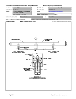 This data sheet shows the connection between a Precast Pier Cap and Precast Piles. The detail was submitted by Louisiana Department of Transportation. The connection is made using a recessed blockout in the underside of the pier cap that is set over the pile. A dowel is grouted into the pile top. Grout is pumped into the blockout to complete the connection