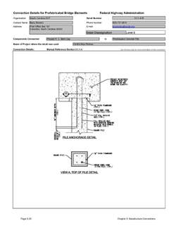 This data sheet shows the connection between a Precast R. C. Bent Cap and Prestressed Concrete Pile. The detail was submitted by South Carolina Department of Transportation. The connection is made by projecting reinforcing from the underside of the pile cap that is placed in holes drilled into the pile top. The holes are filled with grout prior to setting the cap.