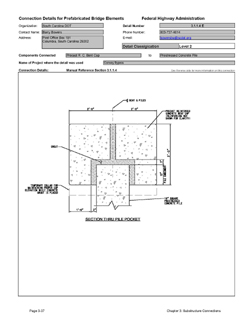 This data sheet shows the connection between a Precast R. C. Bent Cap and Prestressed Concrete Pile. The detail was submitted by South Carolina Department of Transportation. The connection is made using a recessed blockout in the underside of the pier cap that is set over the pile. Grout is pumped into the blockout to complete the connection.