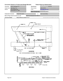 This data sheet shows the connection between a Precast Pier Column and Cast-In-Place Footing. The detail was submitted by Arora & Associates, P.C. The connection is made by anchoring post-tensioning rod and strand in the footing and passing these through ducts in the pier column. The post-tensioning is then passed into the pier cap. There they are anchored and stressed. To ducts are grouted to complete the connection.