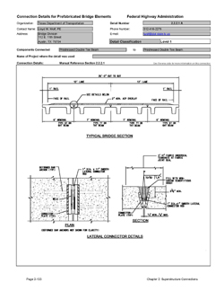 This data sheet shows the connection between a Prestressed Double Tee Beam and Prestressed Double Tee Beam. The detail was submitted by Texas Department of Transportation. The connection is made by welding steel rods to embedded plates in the girder flanges. This connection is supplemented by a grouted shear key between the weld plates.