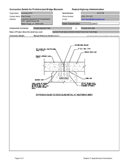 This data sheet shows the connection between a Precast Approach Slab and Precast Deck Slab. The detail was submitted by Louisiana Department of Transportation. The connection is made by pinning the approach slab and the deck slab to the precast abutment cap. The pins are inserted in blockouts in the slabs and grouted.