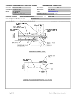 This data sheet shows the connection between a Precast Intermediate Diaphragm and Precast Girder. The detail was submitted by Pennsylvania Department of Transportation. The connection is made using vinyl sheathed prestressing strand that is placed in holes in the diaphragm and through holes in the girders. The strand is run across the bridge through all girders and diaphragms. A pocket between the beams is grouted. After curing, the strands are tensioned to complete the connection.