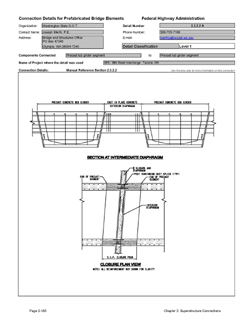 This data sheet shows the connection between a Precast Tub Girder Segment and Precast Tub Girder Segment. The detail was submitted by Washington State Department of Transportation. The connection is made using a reinforced cast-in-place concrete closure pour between the beam ends. The post-tensioning duct is also run through the closure pour.