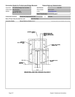 This data sheet shows the connection between a Precast Semi-Integral Abutment Stem and Steel Pile. The detail was submitted by PCI Northeast Bridge Technical Committee. The connection is made by extending the steel pile into a blockout in the abutment stem. The connection is made by casting concrete into the blockout.