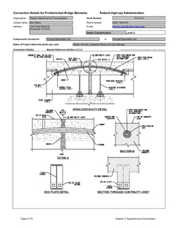This data sheet shows the connection between a Precast Beam/Slab Unit and Precast Beam/Slab Unit. The detail was submitted by Virginia Department of Transportation. The connection is made using longitudinal post-tensioning combined with a grouted shear key. The post-tensioning anchorages are near the beam ends on the underside of the deck.