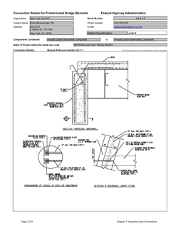 This data sheet shows the connection between a Precast Double Beam/Slab Component and Precast Double Beam/Slab Component. The detail was submitted by New York City Department of Transportation. The connection is made using transverse post-tensioning that is run through precast backwalls that are integral with the double beam units. Vertical grouted shear keys are included to complete the connection.