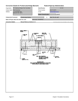 This data sheet shows the connection between a Precast Spread Footing and Steel Pile with Uplift. The detail was submitted by PCI Northeast Bridge Technical Committee. The connection is made by placing the footing on temporary leveling bolts. Grout is pumped through ports in the footing to make the connection to the piles. Additional grout is placed in tapered blockout that contain reinforcing from the pile top. This is used to prevent uplift of the footing.