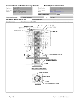 This data sheet shows the connection between a Prestressed Concrete Square Pile and Pile Footing. The detail was submitted by Florida Department of Transportation. The connection is made by extending reinforcing from the pile core into a round blockout in the pile cap. The blockout is formed with a corrugated pipe. The corrugations transfer vertical loads into the cap. The connection is made by placing concrete in the cap blockout and the top of the pile.
