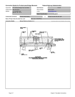 This data sheet shows the connection between a Precast Spread Footing and Precast Concrete Pile with Uplift. The detail was submitted by PCI Northeast Bridge Technical Committee. The connection is made by placing the footing on temporary leveling bolts. Grout is pumped through ports in the footing to make the connection to the piles. Additional grout is placed in tapered blockout that contain reinforcing from the pile top. This is used to prevent uplift of the footing.