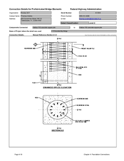 This data sheet shows the connection between a Hollow Prestressed Concrete Square Pile and Hollow Prestressed Concrete Square Pile. The detail was submitted by Florida Department of Transportation. The connection is made by extending reinforcing from the lower pile core into the upper pile core. The connection is made by placing concrete in the pile core after the upper pile is set in place.