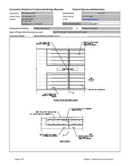 This data sheet shows the connection between a Precast Arch Section and Precast Arch Section. The detail was submitted by Pennsylvania Department of Transportation. The connection is made using a cast-in-place closure pour that is placed in a pocket in the arch units. Reinforcing projects from the arch units to make this connection. Temporary erection bolts are also used.