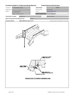 This data sheet shows the connection between a Precast Arch and Precast Wingwall. The detail was submitted by ConSpan Bridge Systems. The connection is made using a bent plate between the two elements. The plate is anchored into the precast elements via threaded inserts cast into the element.