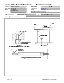 This data sheet shows the connection between a Precast Rectangular Column and Cast-In-Place Integral Pier Cap. The detail was submitted by Washington State Department of Transportation. The connection is made by projecting reinforcing from the precast column into the pier cap, which is cast-in-place.
