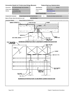 This data sheet shows the connection between a Precast Adjacent Box Beam Superstructure and Precast Semi-Integral Abutment Stem. The detail was submitted by PCI Northeast Bridge Technical Committee. The connection is made by placing the precast box beam on top of a precast integral abutment stem. The beam sits on a bearing, which allows for rotation. The beam is restrained in the longitudinal direction by means of a precast approach slab that is attached to the rear of the abutment stem.