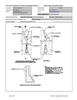 This data sheet shows the connection between a Precast Concrete Slab and Precast Reinforced Concrete Barrier Parapet. The detail was submitted by South Carolina Department of Transportation. The connection is made using a bolt that is passed through a slot in the precast parapet that is connected to a threaded insert in the bridge deck.