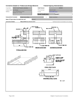 This data sheet shows the connection between a Glulam Wood Railing and Glulam Wood Deck. The detail was submitted by USDA Forest Products Laboratory. The connection is made by bolting the wood railing to the glulam deck. The bolt passes through the deck. The connection is reinforced with steel plates.