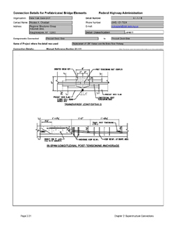 This data sheet shows the connection between a Precast deck slab and Precast deck slab. The detail was submitted by New York State Department of Transportation. The connection is made using longitudinal post-tensioning combined with a grouted shear key. An in-span anchorage is also shown.