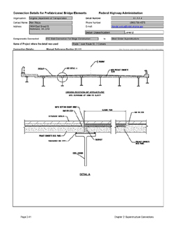 This data sheet shows the connection between a P/C Slab Connection For Stage Construction and Steel Girder Superstructure. The detail was submitted by Virginia Department of Transportation. The connection is made using a partial depth concrete closure pour with lapped reinforcing steel.