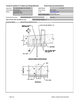 This data sheet shows the connection between a Precast full depth slab and steel beam. The detail was submitted by PCI Northeast Bridge Technical Committee. The connection is made using welded shear studs placed in a tapered grouted pocket.