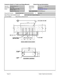 This data sheet shows the connection between a Precast Full Depth Deck and Steel Girder. The detail was submitted by Washington State Department of Transportation. The connection is made using welded shear studs placed in a tapered grouted pocket.