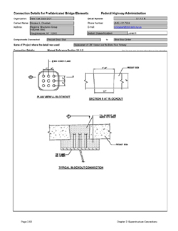 This data sheet shows the connection between a Precast Deck Slab and Steel Box Girder. The detail was submitted by New York State Department of Transportation. The connection is made using welded shear studs placed in a tapered grouted pocket.