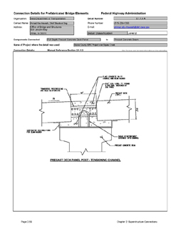 This data sheet shows the connection between a Full Depth Precast Concrete Deck Panel and Precast Concrete Beam. The detail was submitted by Iowa Department of Transportation. The connection is made using looped reinforcing bars projecting from the beam that are cast into a longitudinal blockout in the slab. The blockout also acts as a conduit for longitudinal post-tensioning.