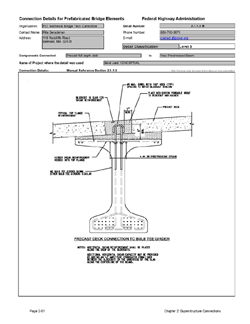 This data sheet shows the connection between a Precast Full Depth Slab and New Prestressed Beam. The detail was submitted by PCI Northeast Bridge Technical Committee. The connection is made using looped reinforcing bars projecting from the beam that are cast into a pocket blockout in the slab.