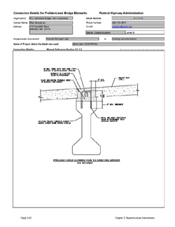 This data sheet shows the connection between a Precast Full Depth Slab and Existing Concrete Beams. The detail was submitted by PCI Northeast Bridge Technical Committee. The connection is made using looped reinforcing bars projecting from the beam that are cast into a pocket blockout in the slab.