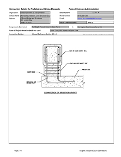 This data sheet shows the connection between a Full Depth Precast Concrete Deck Panel and Cast-In-Place Open Concrete Barrier Rail. The detail was submitted by Iowa Department of Transportation. The connection is made using threaded reinforcing bar inserts in the deck slab.