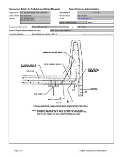 This data sheet shows the connection between a Precast Full Depth Slab and Cast-In-Place Parapet. The detail was submitted by PCI Northeast Bridge Technical Committee. The connection is made using reinforcing bar projecting from the deck slab. The parapet is cast beyond the end of the slab to produce a smooth edge to the deck.