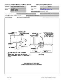 This data sheet shows the connection between a Fiber Reinforced Polymer Deck and Existing Floor Beam of a Steel Truss. The detail was submitted by Virginia Department of Transportation. The connection is made using steel clips that are bolted on the underside of the FRP deck. The clips connect to the edges of the truss flange.