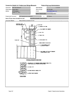This data sheet shows the connection between a Fiber Reinforced Polymer Superstructure component and Fiber Reinforced Polymer Barrier. The detail was submitted by New York State Department of Transportation. The connection is made using cast-in-place concrete placed in an FRP shell. Reinforcing is projected from the deck into the shell to make the connection.