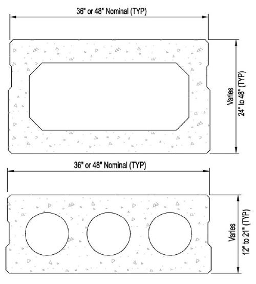 This figure shows typical sections of typical butted precast prestressed beam Sections. Box Beams with rectangular internal voids and Slab/Deck Beams with circular internal voids are shown.