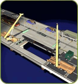 Schematic drawing showing the construction of prefabricated bridge deck segments during the repair and rehabilitation of the James River Bridge.