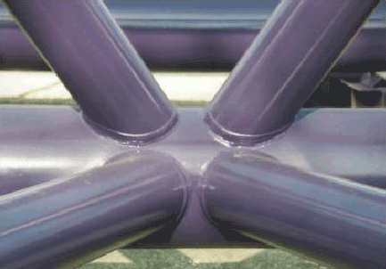 Photo of the bottom Chord to diagonal joint connection after completion of the weld and the painting.