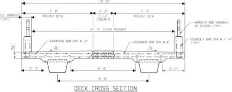 Schematic drawing showing the bridge cross section of a composite concrete deck with a cold formed steel box bridge system.